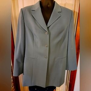 Women's suit jacket blazer size 14p color is a dusty blue/gray.